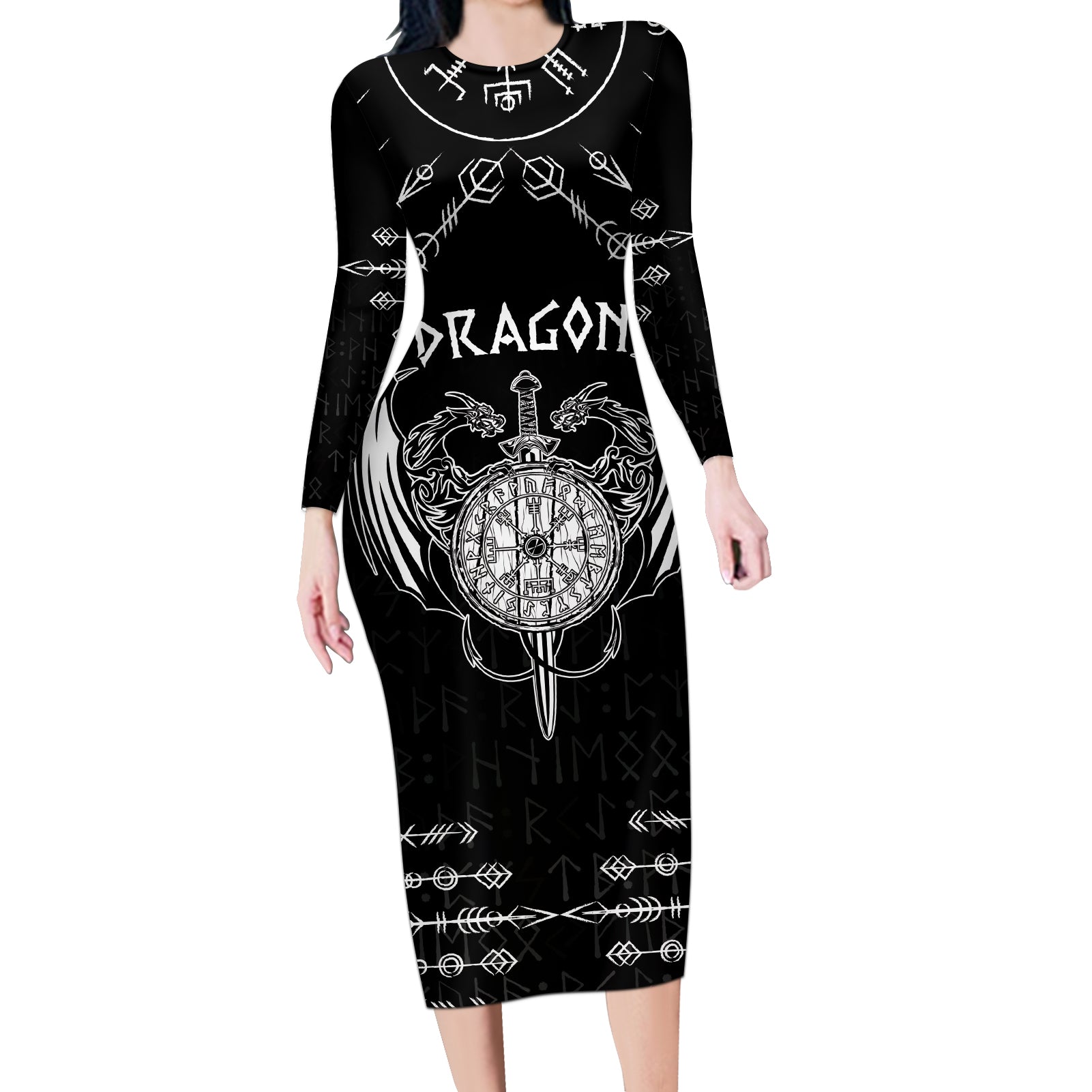 Personalized Viking Dragon Long Sleeve Bodycon Dress with Sword Black Scandinavian Tattoo - Wonder Print Shop