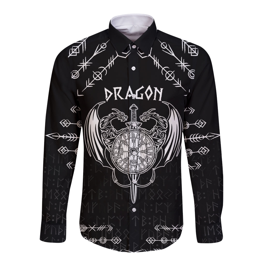 Black long-sleeve button shirt with front dragon compass sword graphic.