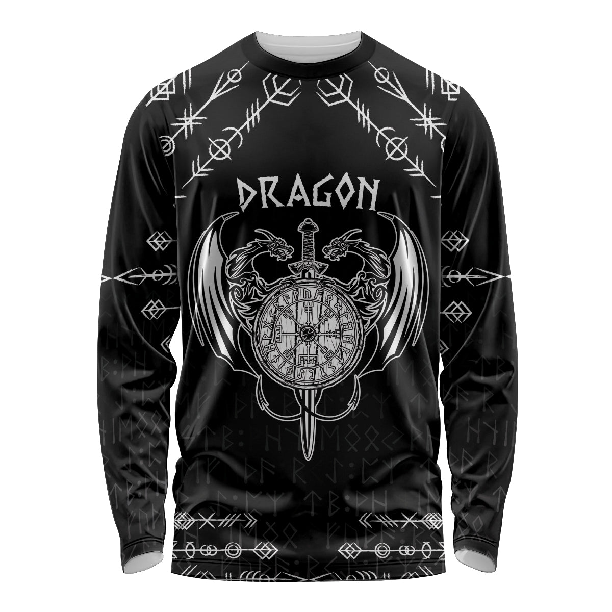 Personalized Viking Dragon Long Sleeve Shirt with Sword Black Scandinavian Tattoo - Wonder Print Shop