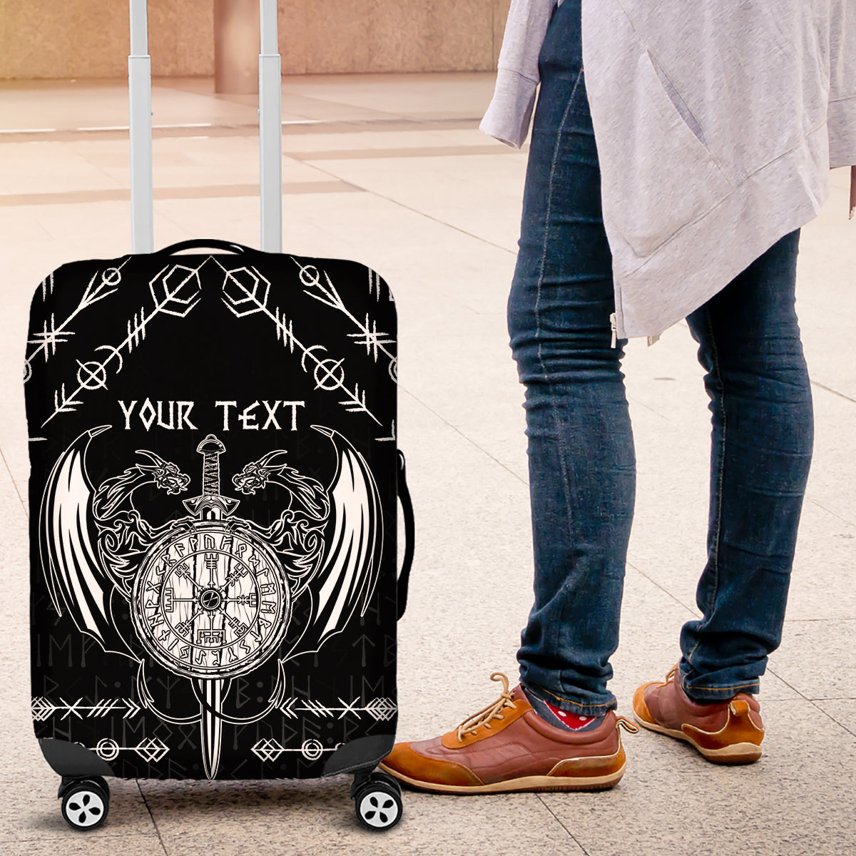 Personalized Viking Dragon Luggage Cover with Sword Black Scandinavian Tattoo - Wonder Print Shop