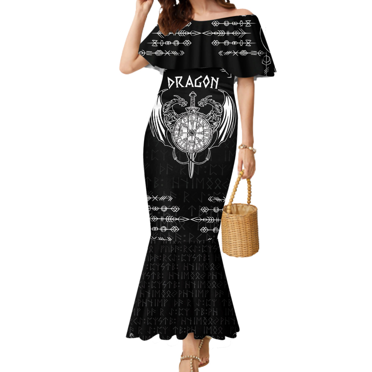 Personalized Viking Dragon Mermaid Dress with Sword Black Scandinavian Tattoo - Wonder Print Shop