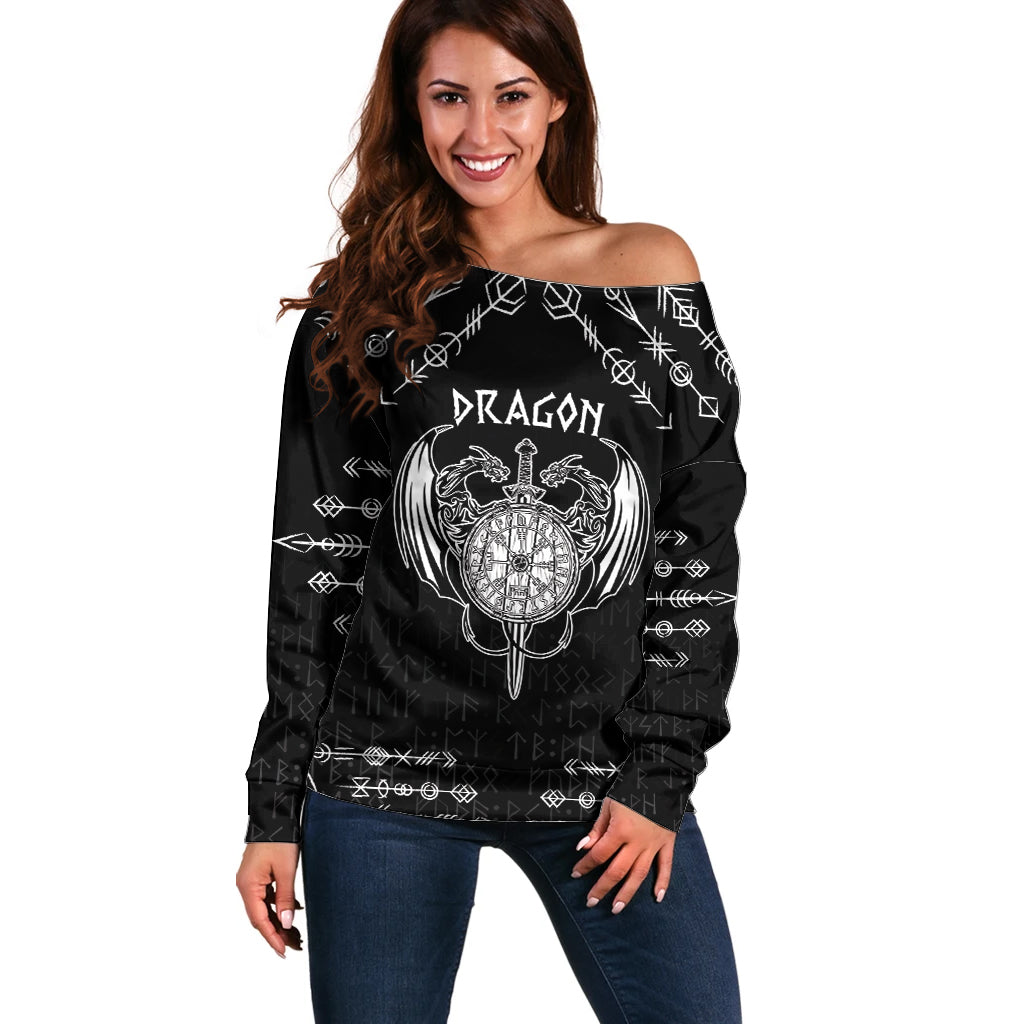 Personalized Viking Dragon Off Shoulder Sweater with Sword Black Scandinavian Tattoo - Wonder Print Shop