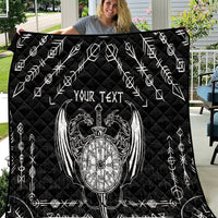 Black quilt blanket with white Viking dragon and sword graphic, 'YOUR TEXT' center