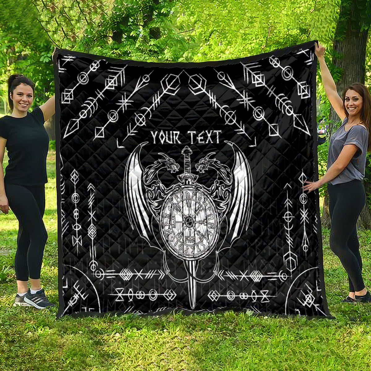 Black quilt blanket with centered oval Viking emblem, winged dragon, 'YOUR TEXT'