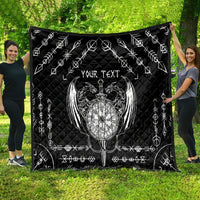 Black quilt blanket with centered oval Viking emblem, winged dragon, 'YOUR TEXT'