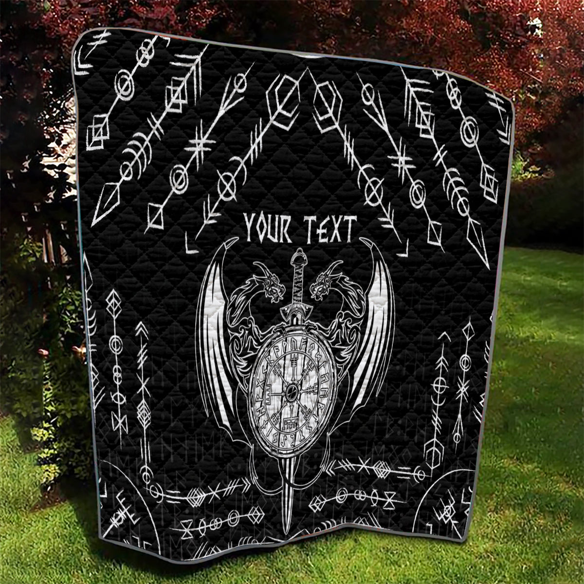 Black quilt blanket with large Viking emblem, 'YOUR TEXT' text, geometric border