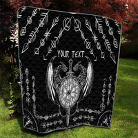 Black quilt blanket with large Viking emblem, 'YOUR TEXT' text, geometric border
