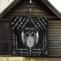 Black quilt blanket hanging outdoors with Viking emblem and 'YOUR TEXT' lettering