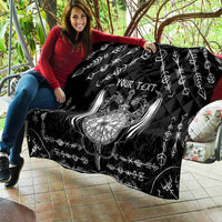 Black quilt blanket with Viking dragon emblem, 'YOUR TEXT' lettering, diamond quilting