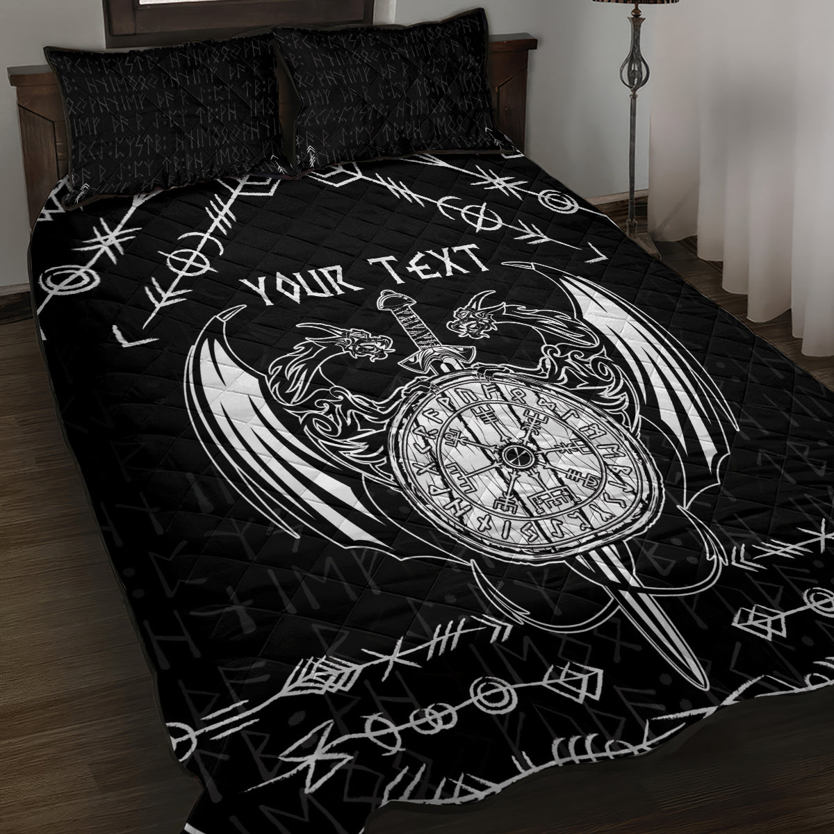 Personalized Viking Dragon Quilt Bed Set with Sword Black Scandinavian Tattoo