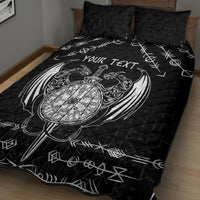 Black quilt bed set with two pillows, white dragon compass emblem and “YOUR TEXT”