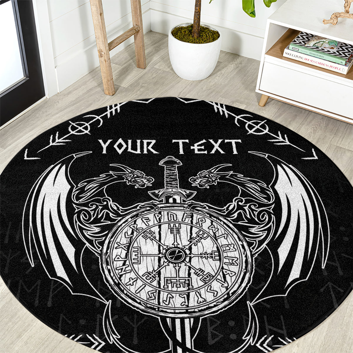 Black round rug with Viking dragon and sword tattoo, centered rune circle and 'YOUR TEXT'