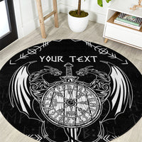 Black round rug with Viking dragon and sword tattoo, centered rune circle and 'YOUR TEXT'
