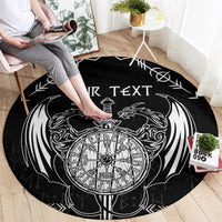 Black round rug, angled view, with Viking dragon and sword tattoo, rune circle and 'YOUR TEXT'