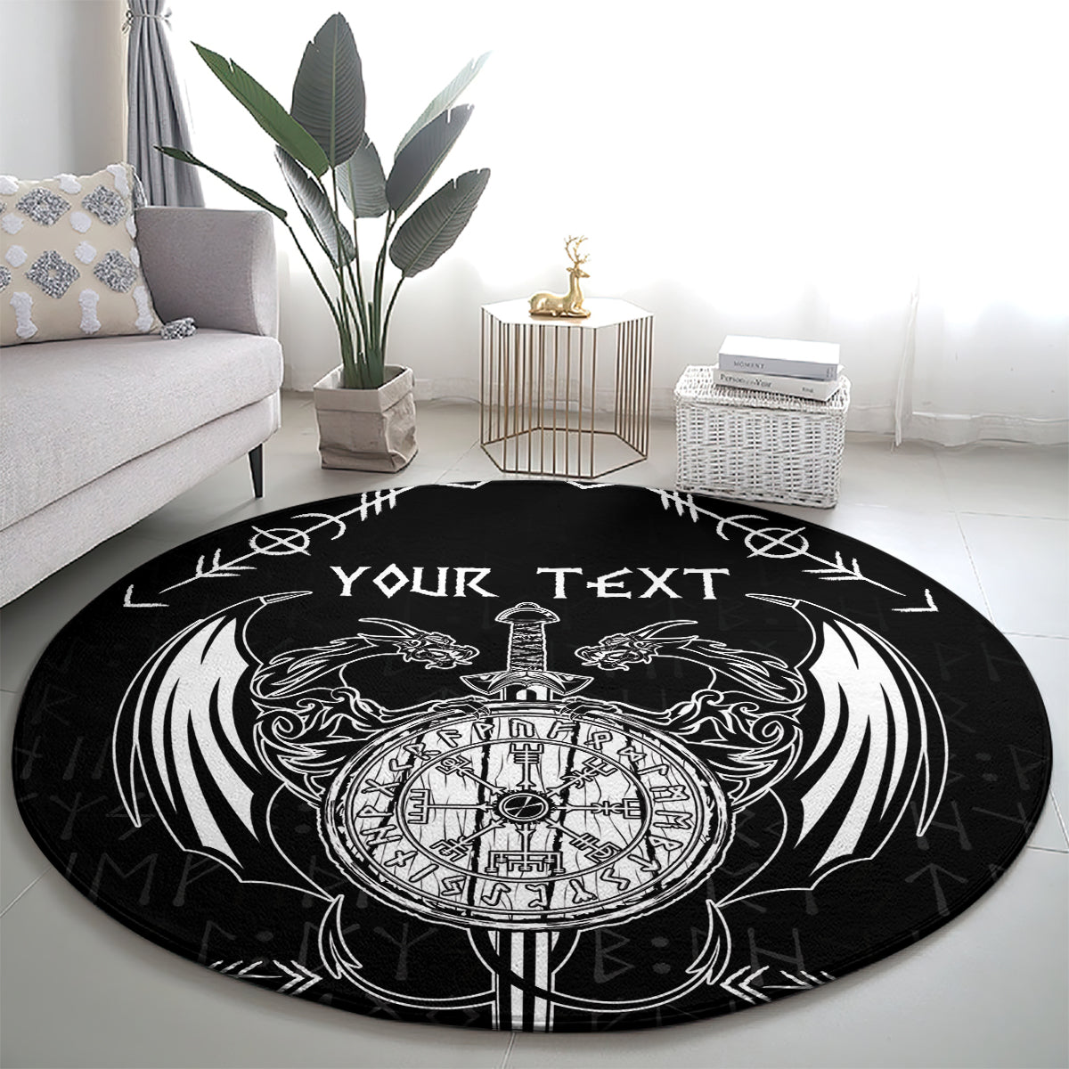 Black round rug with Viking dragon and sword tattoo, centered rune compass and 'YOUR TEXT'