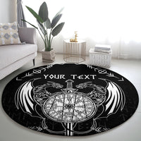 Black round rug with Viking dragon and sword tattoo, centered rune compass and 'YOUR TEXT'