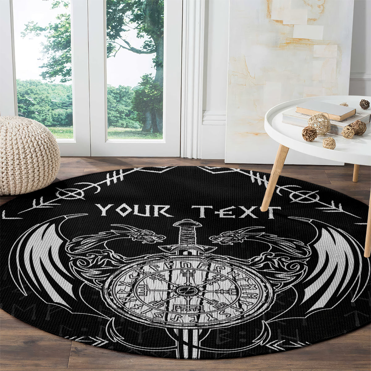 Black round rug with Viking dragon and sword tattoo, close view of rune circle and 'YOUR TEXT'