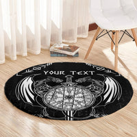 Black round rug with Viking dragon and sword tattoo, featuring centered rune compass and 'YOUR TEXT'
