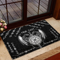 Black rubber entrance doormat with Viking dragon, compass wheel, and custom text