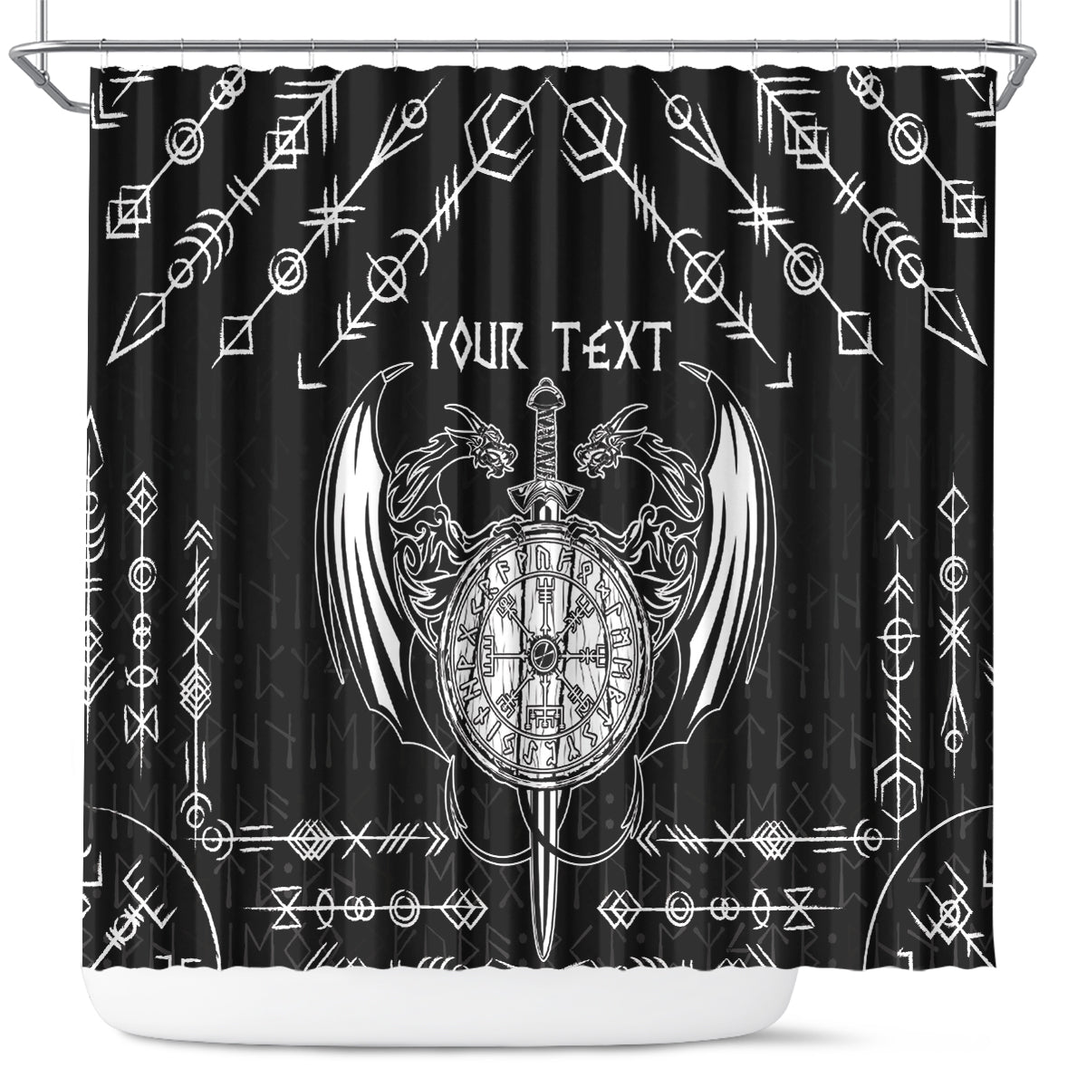 Personalized Viking Dragon Shower Curtain with Sword Black Scandinavian Tattoo