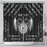 Black shower curtain featuring white Viking sword and dragon crest with your text label.