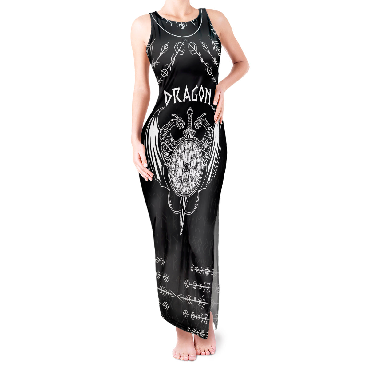 Personalized Viking Dragon Tank Maxi Dress with Sword Black Scandinavian Tattoo - Wonder Print Shop