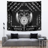 Black Viking dragon tapestry with white compass-like chest emblem and 'Your Text' text