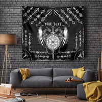 Black wall tapestry showing white Viking dragon, sword, and 'Your Text' lettering