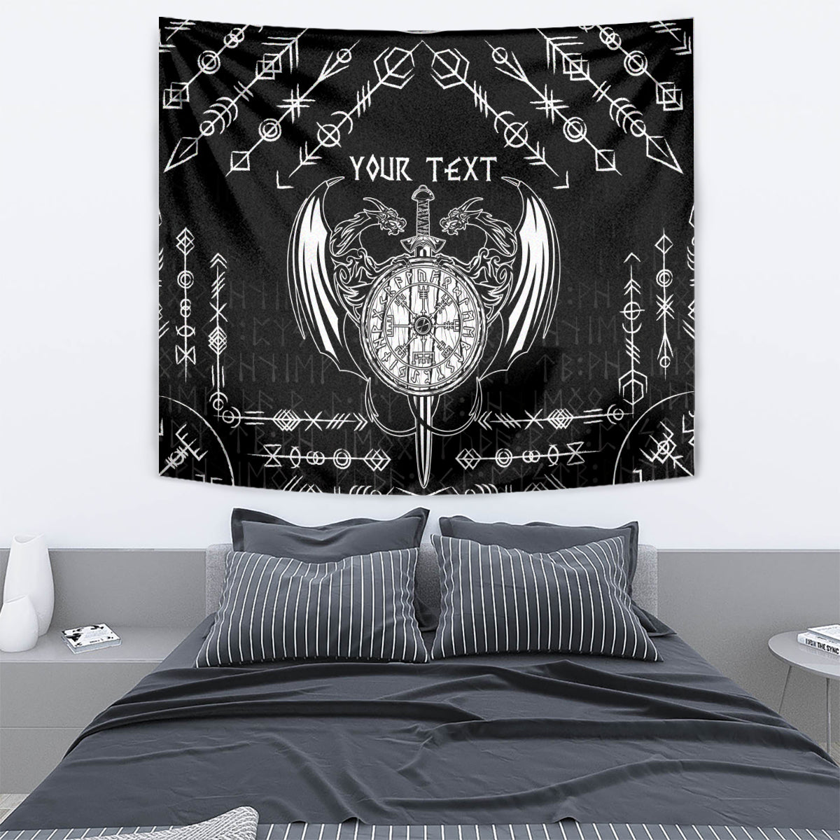 Black Scandinavian tapestry with white Viking dragon sword crest and 'Your Text' title