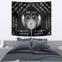 Black Scandinavian tapestry with white Viking dragon sword crest and 'Your Text' title