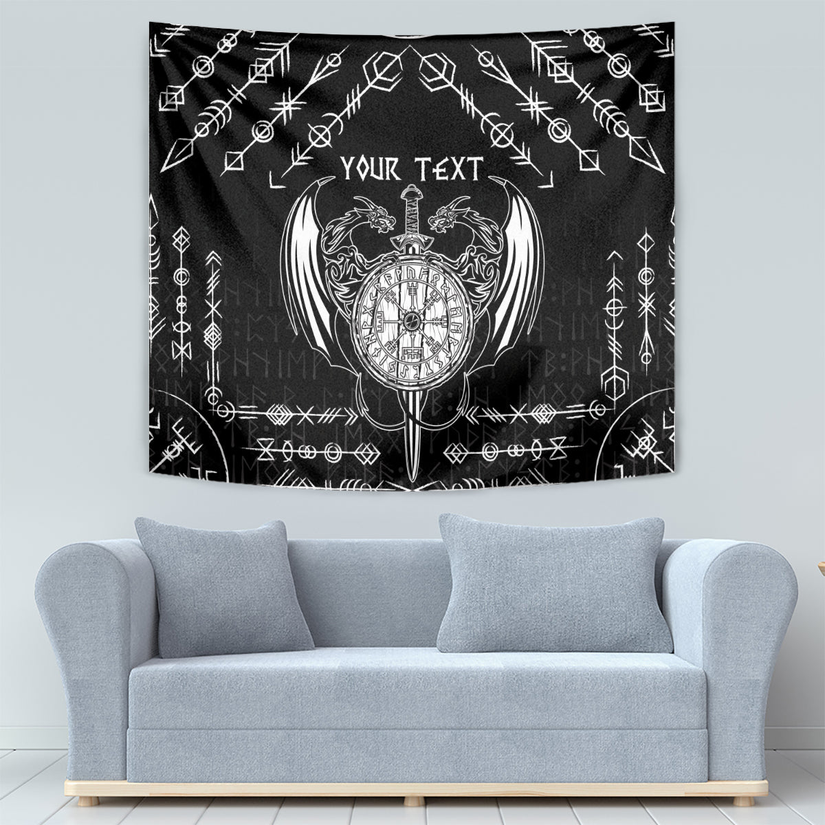 Black wall tapestry with white Viking dragon sword emblem and 'Your Text' title