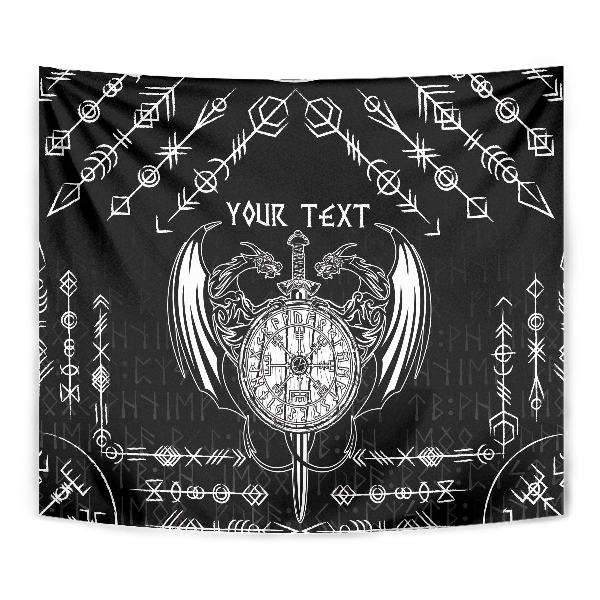 Black tapestry with centered white Viking dragon sword-and-compass emblem and 'Your Text'