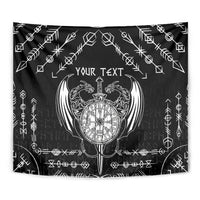 Black tapestry with centered white Viking dragon sword-and-compass emblem and 'Your Text'
