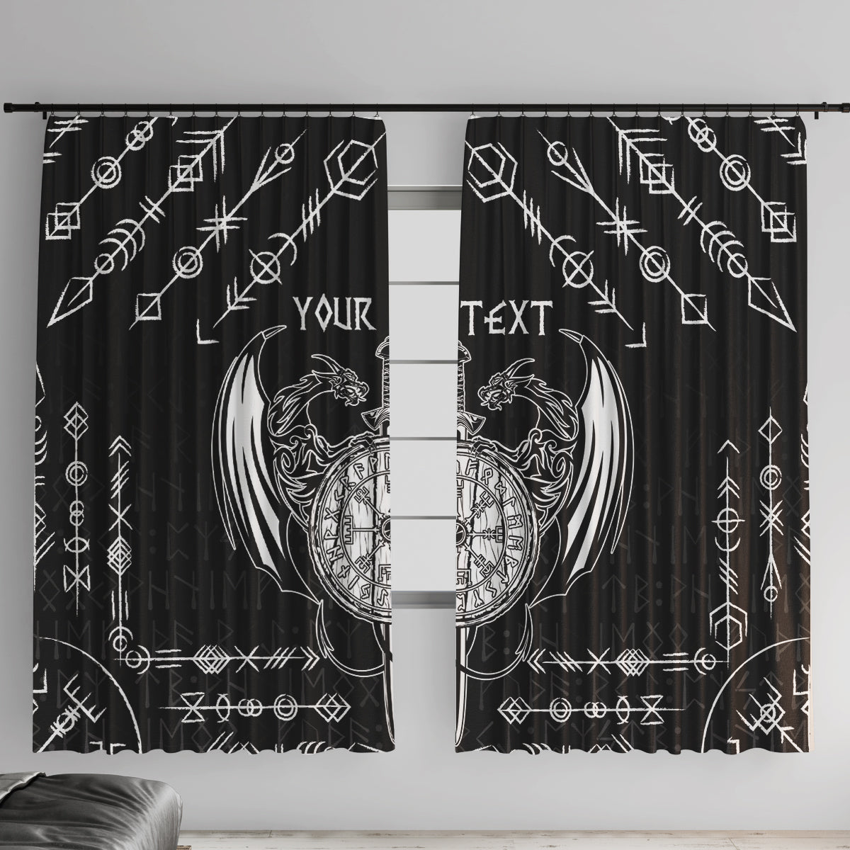 Personalized Viking Dragon Window Curtain with Sword Black Scandinavian Tattoo - Wonder Print Shop