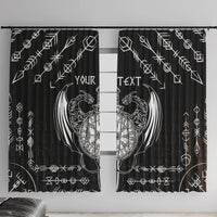 Black window curtain with white Viking dragon sword tattoo design and center split