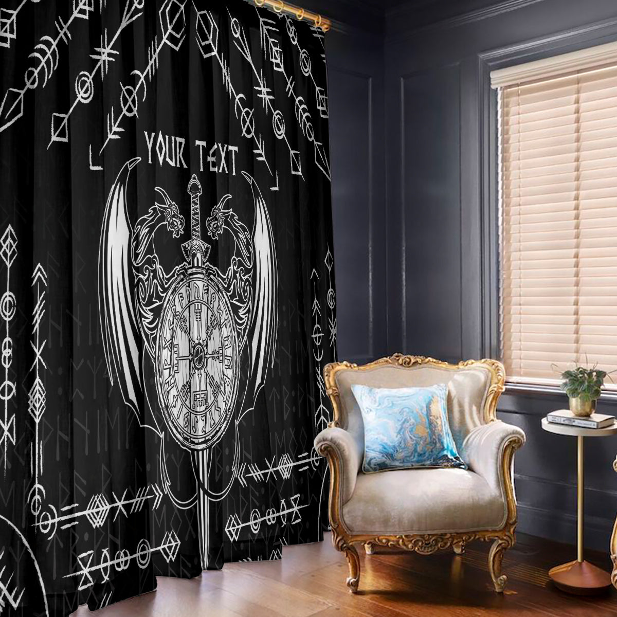 Black Viking dragon sword window curtain panel with white tattoo print and custom text