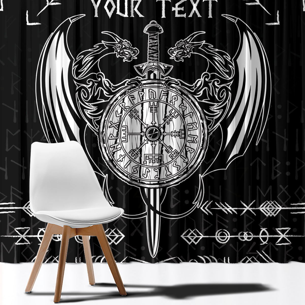 Black curtain featuring large circular Viking sword and dragon tattoo with white custom text