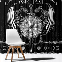 Black curtain featuring large circular Viking sword and dragon tattoo with white custom text