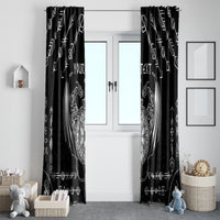 Black window curtain set with white Viking dragon sword tattoo and repeating rune symbols