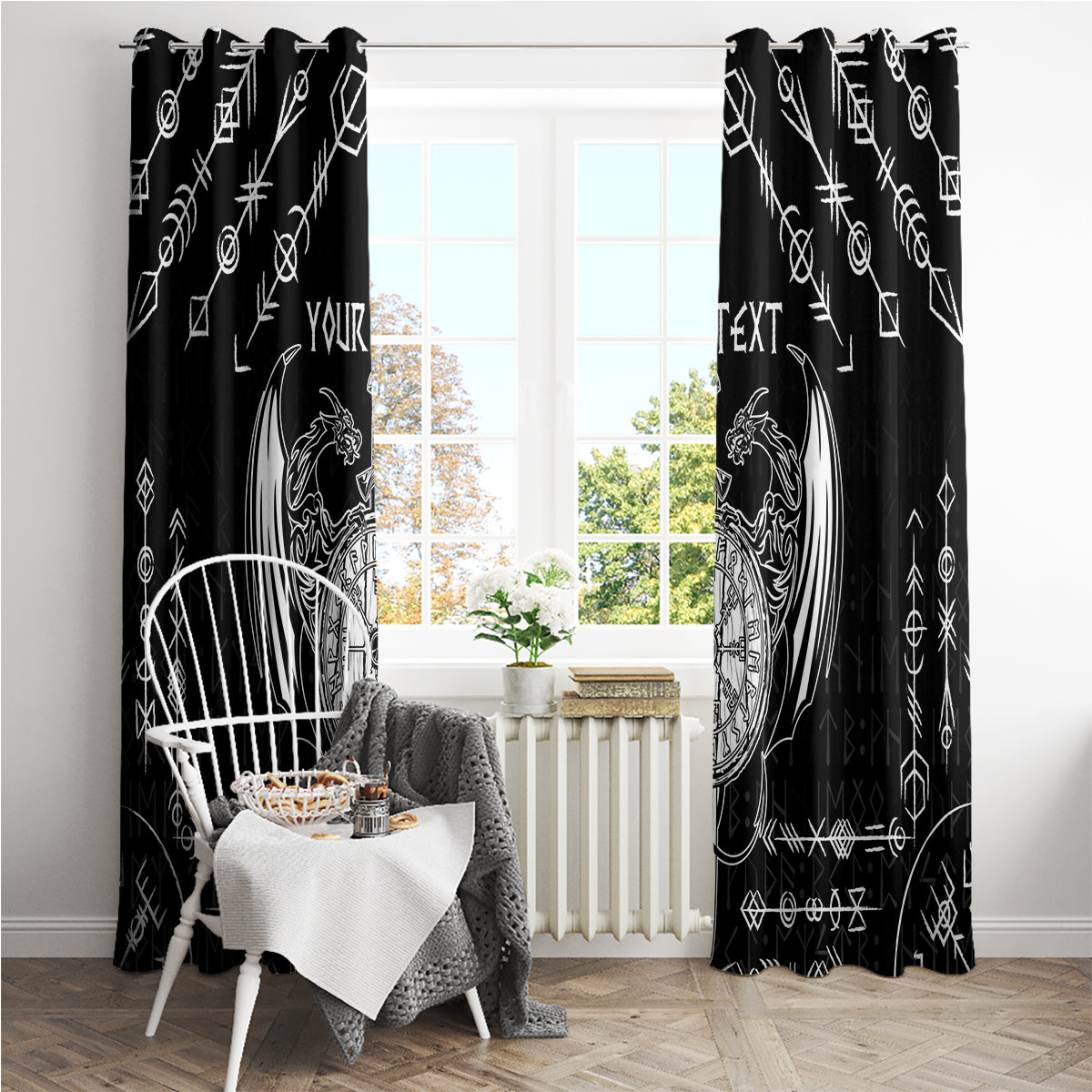 Black window curtain panels with white Viking dragon sword tattoo and top grommet rings