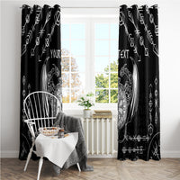 Black window curtain panels with white Viking dragon sword tattoo and top grommet rings