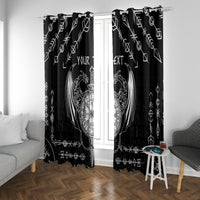 Black curtain with white Viking sword and dragon tattoo print centered on each panel