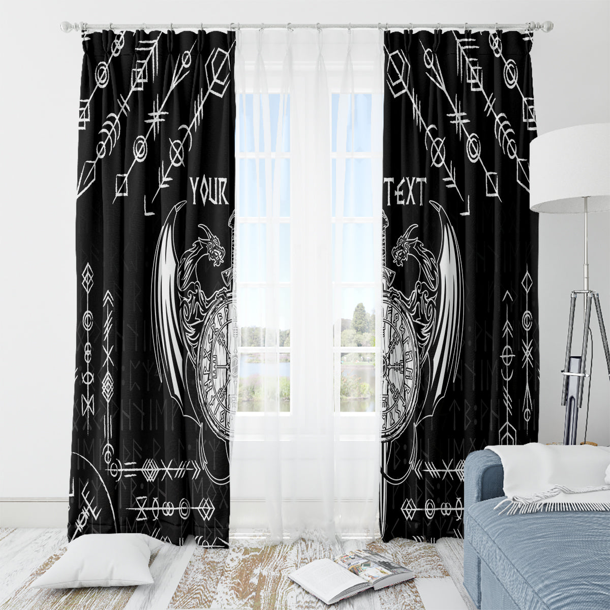 Black window curtain with white Viking dragon sword tattoo and sheer light window behind