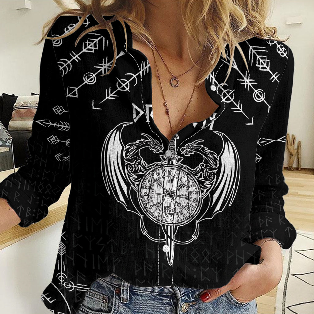 Personalized Viking Dragon Women Casual Shirt with Sword Black Scandinavian Tattoo - Wonder Print Shop