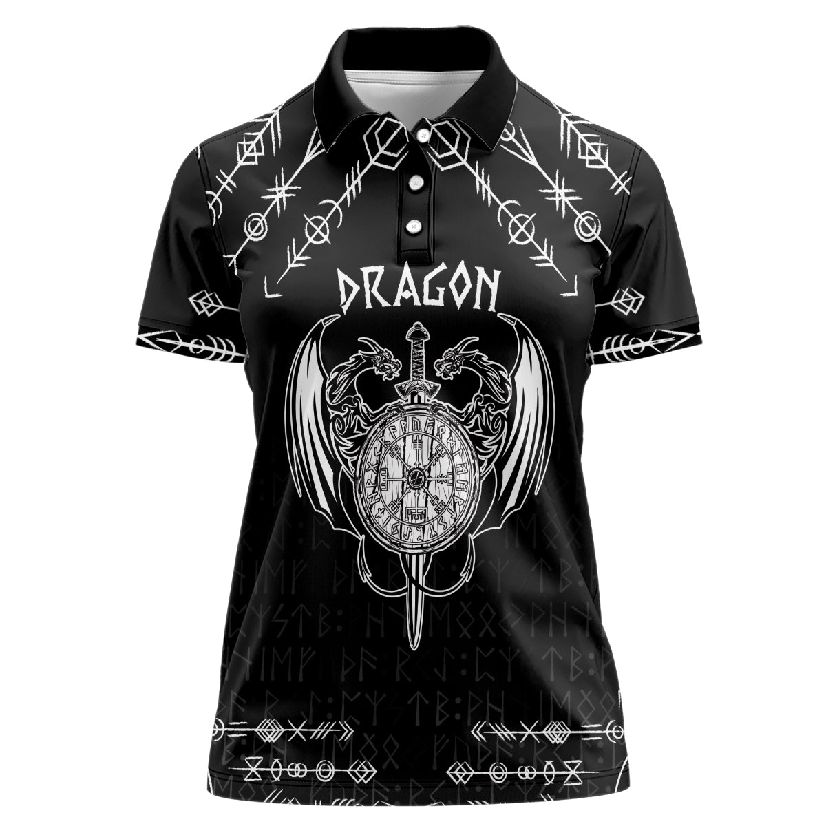 Personalized Viking Dragon Women Polo Shirt with Sword Black Scandinavian Tattoo