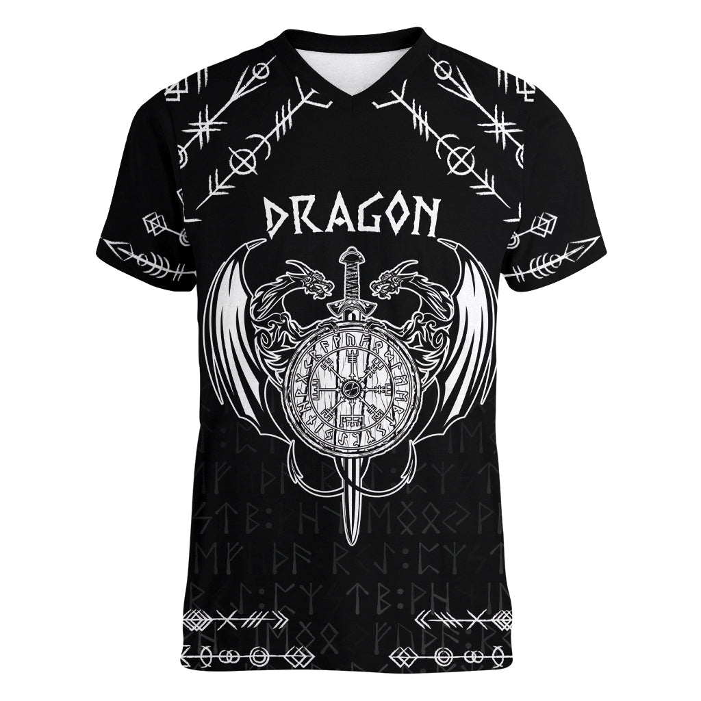 Personalized Viking Dragon Women V-Neck T-Shirt with Sword Black Scandinavian Tattoo - Wonder Print Shop