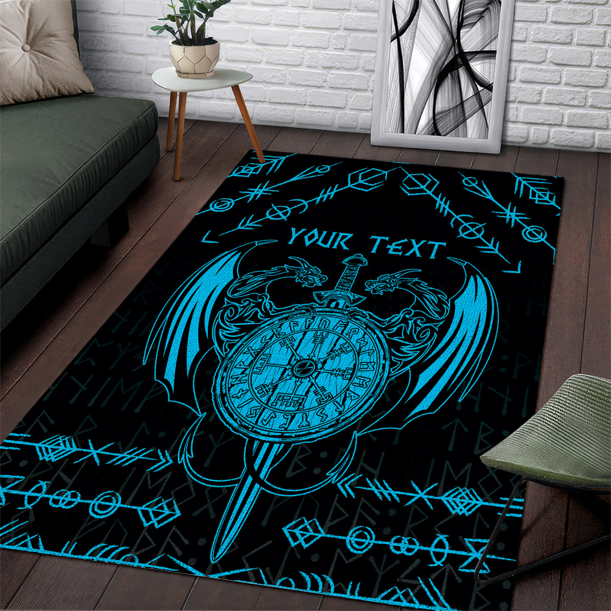 Personalized Viking Dragon Area Rug with Sword Blue Scandinavian Tattoo LT9 - Wonder Print Shop