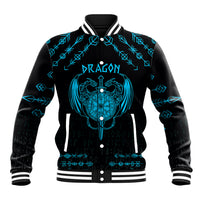 Black baseball jacket with blue dragon emblem and sword, snap front, striped ribbed cuffs