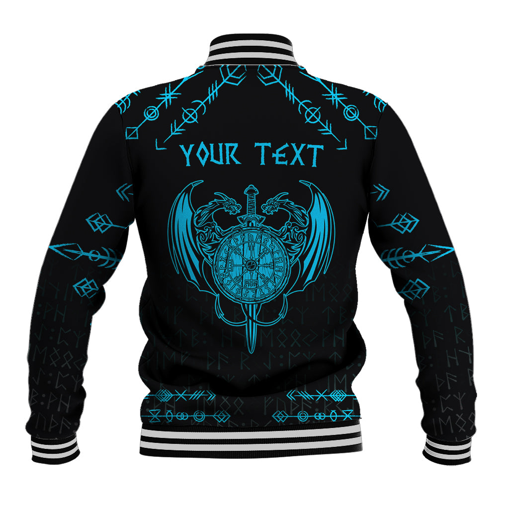 Black baseball jacket back print with blue dragon and YOUR TEXT, ribbed collar and hem