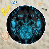 Personalized round beach blanket with blue Viking dragon compass graphic and fringe border